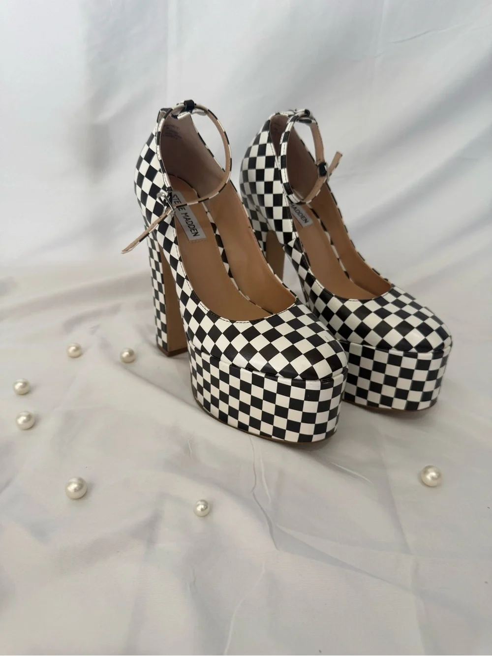 Steve Madden Black and White Checkerboard Platform Pumps with Ankle Strap